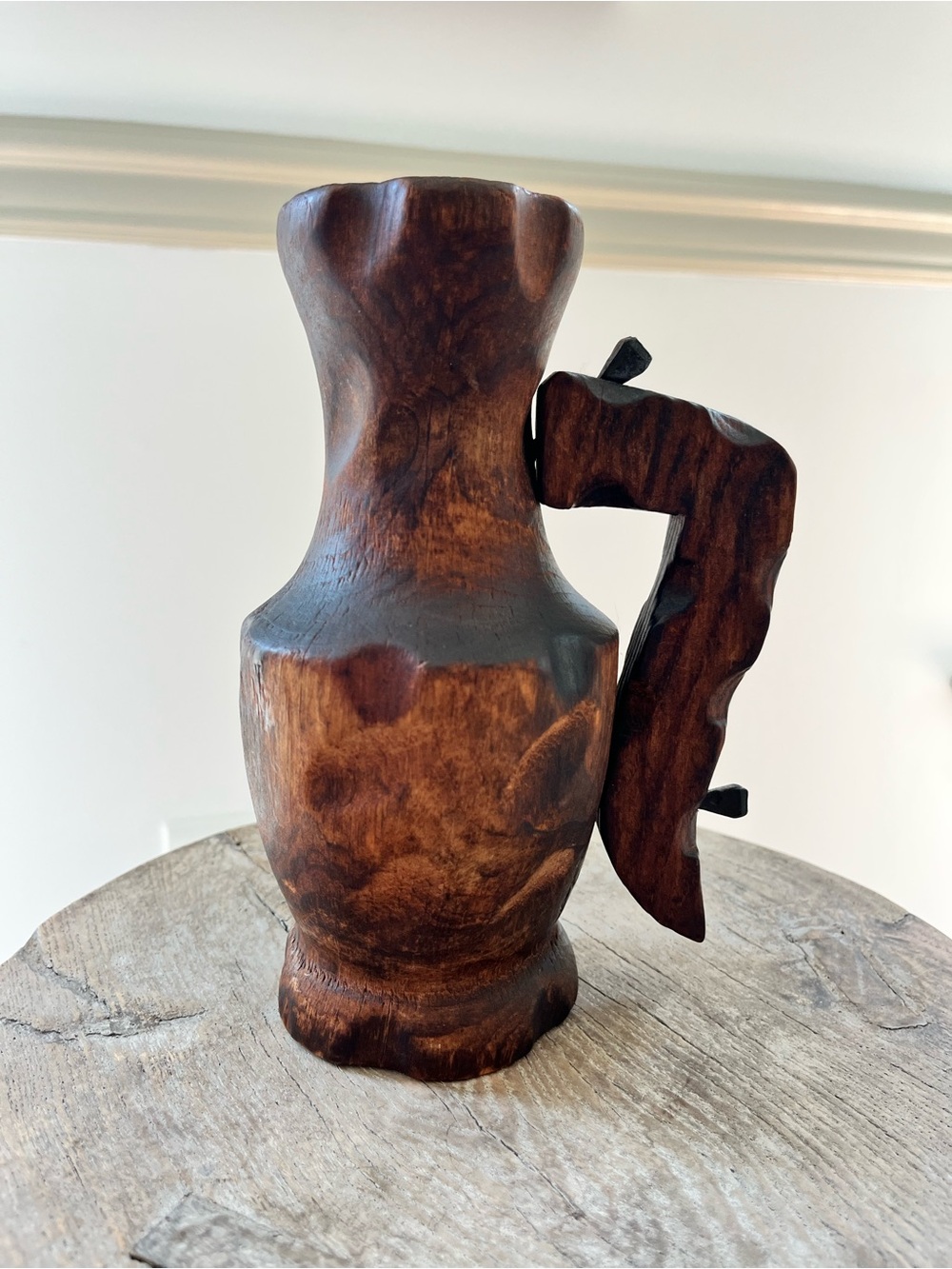 Vintage Handmade in Spain Carved Wood Pitcher Jug 8”
